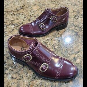 John Fluevog Red Burgundy Brogue Detail Double Monk Strap Mens Dress Shoes 4 New